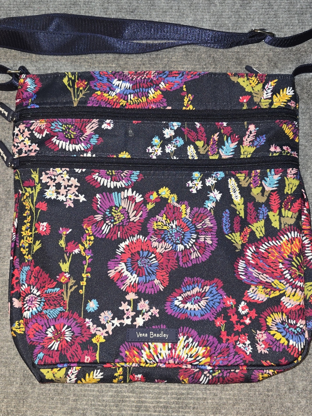 Vera Bradley Midnight Wildflowers Triple Zip Hipster Crossbody Floral Bag